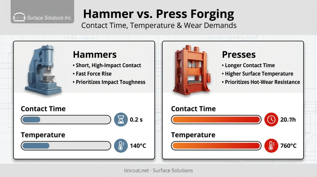 Hammer versus press forging equipment contact time comparison infographic