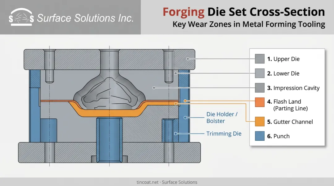 Labeled forging die set diagram showing dies punches and holders