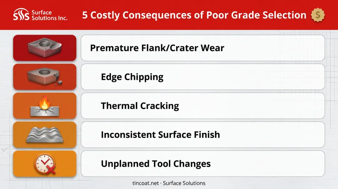 5 consequences of mismatched turning insert grade selection infographic