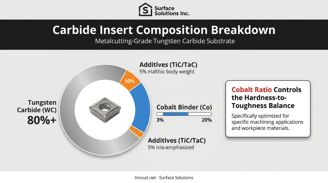 Tungsten carbide insert composition breakdown showing WC cobalt and additive percentages