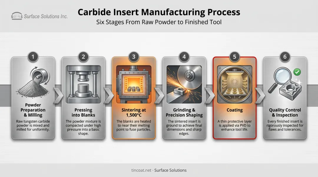 6-step carbide insert manufacturing process from powder to coated cutting tool