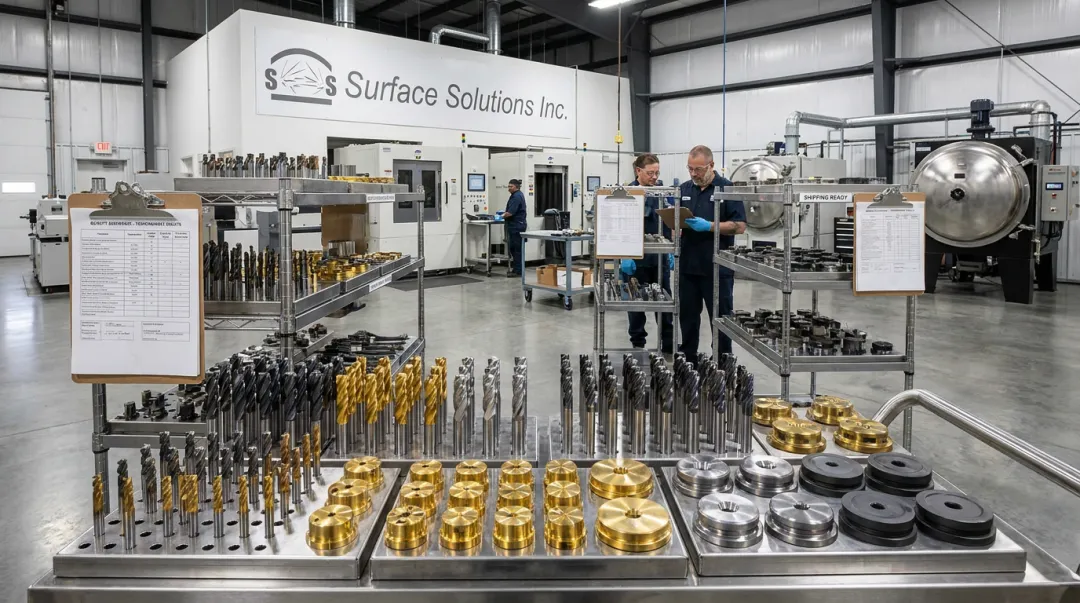 Surface Solutions PVD coating facility with finished coated tooling on display