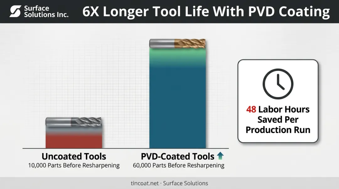 PVD coated tool life extension from 10000 to 60000 parts before resharpening