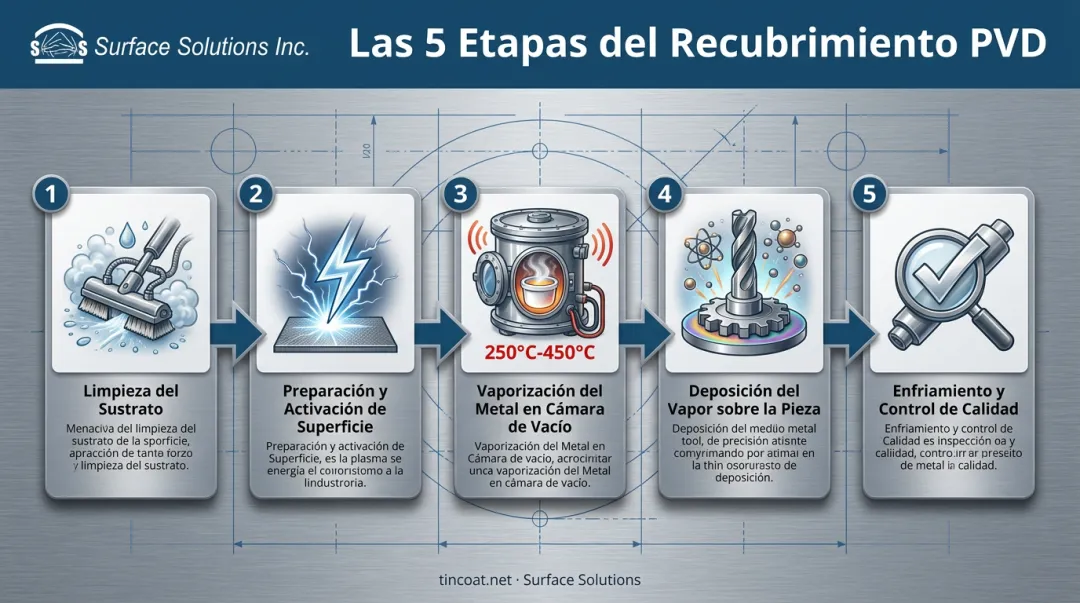 Proceso de recubrimiento PVD en cinco etapas industriales secuenciales