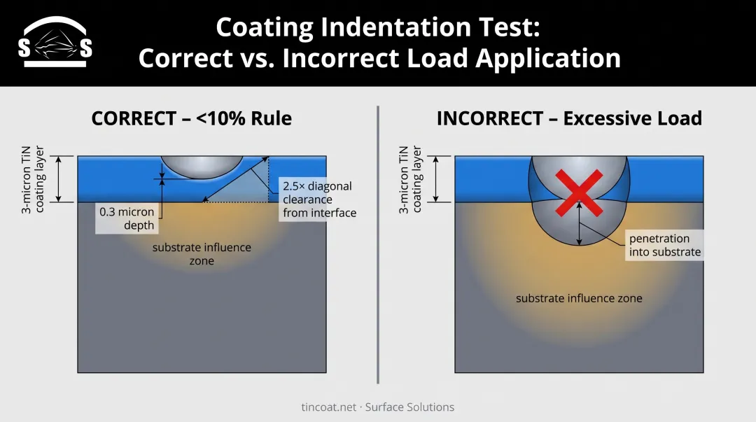 Substrate influence diagram showing correct versus incorrect indentation depth in thin coating cross-section