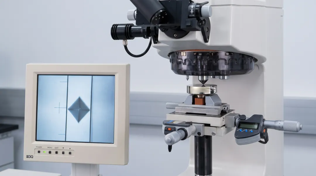 Vickers micro-hardness tester with diamond indenter positioned over polished sample cross-section