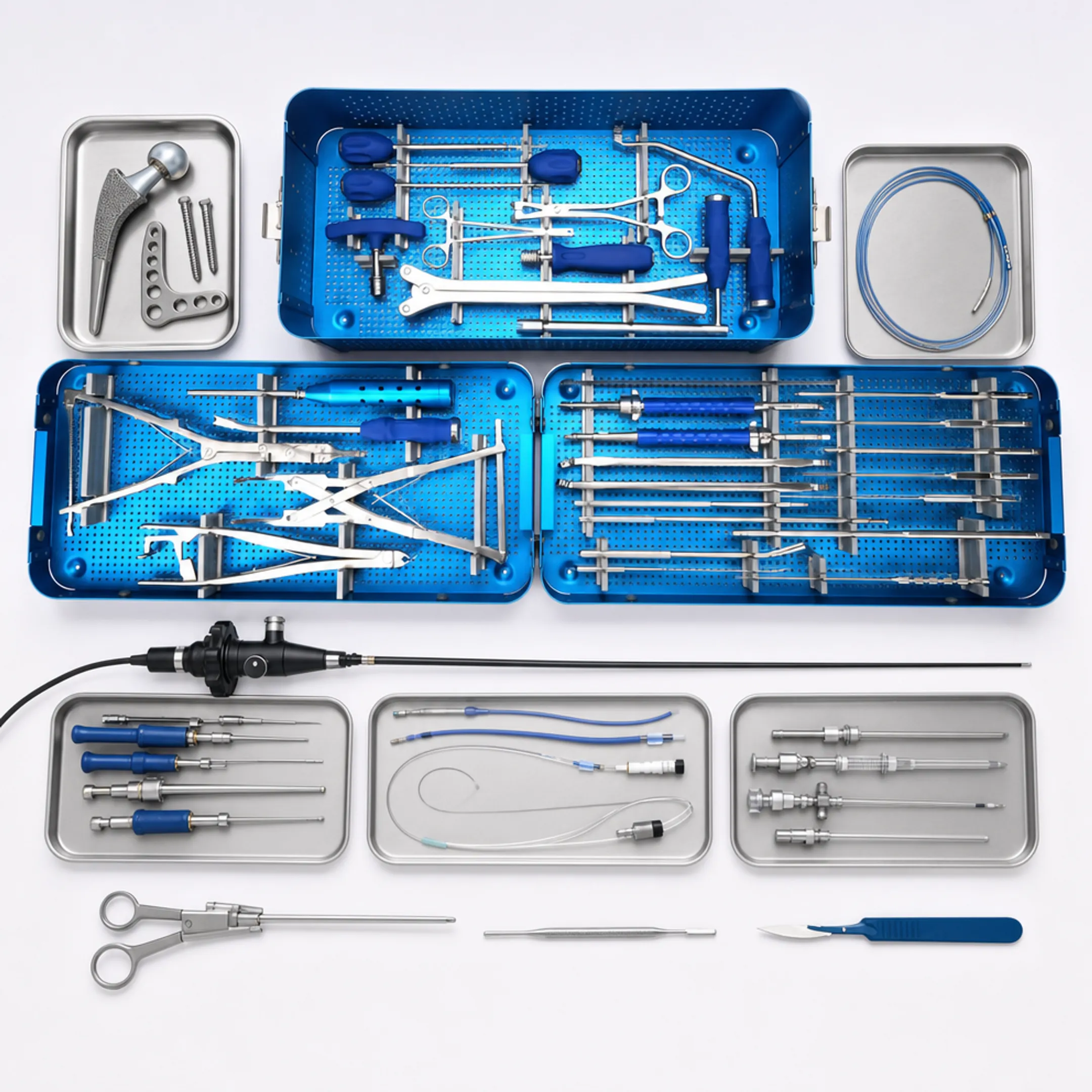 Various medical devices including implants catheters and surgical instruments displayed