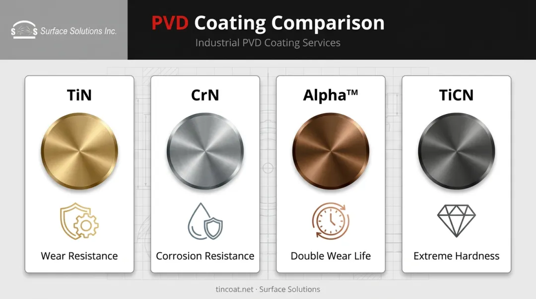 TiN CrN Alpha and TiCN PVD coating types comparison chart