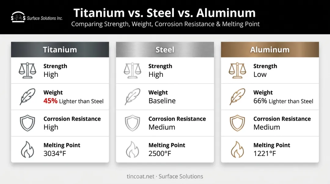 Titanium versus steel and aluminum material properties comparison chart