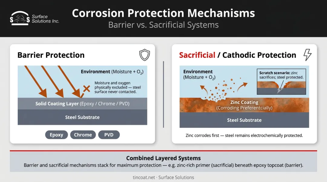 Two steel corrosion protection mechanisms barrier versus sacrificial coating comparison