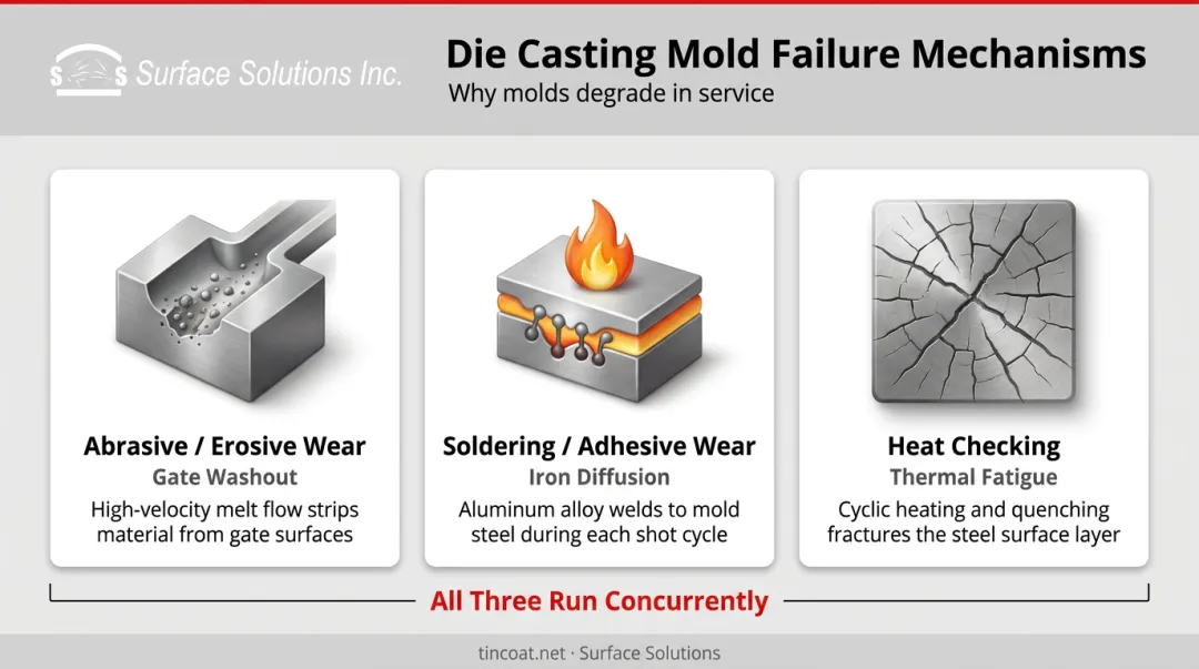 Three die casting failure mechanisms abrasive wear soldering and heat checking explained