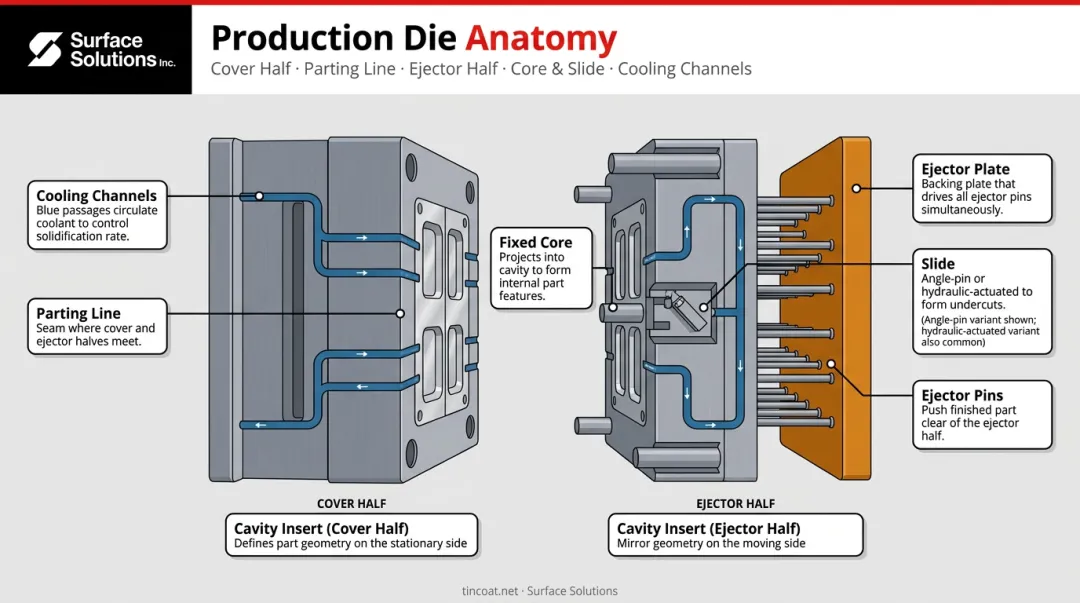 Die casting production die anatomy showing cavity inserts cores slides and ejector system