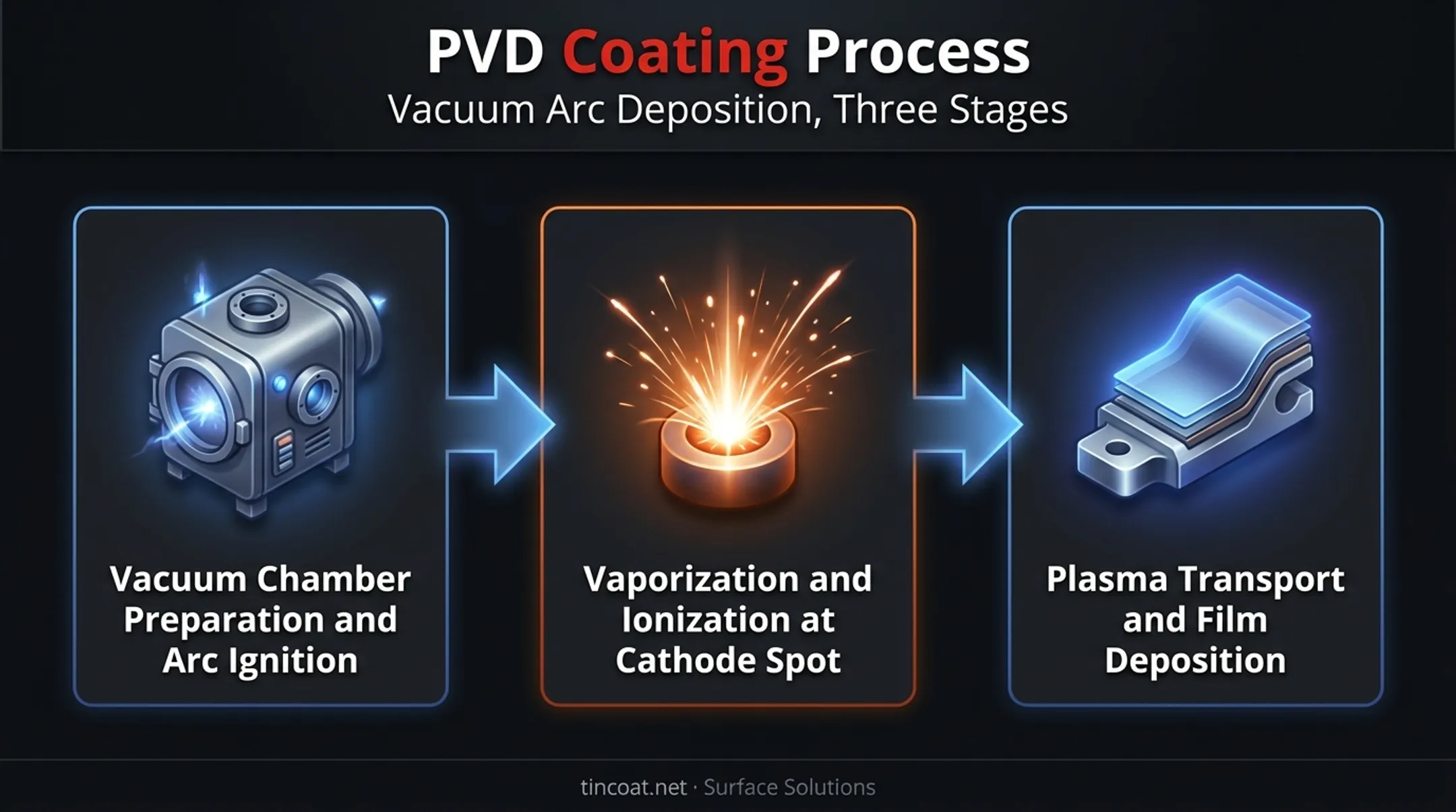 Cathodic arc PVD process flow from vacuum chamber to film deposition