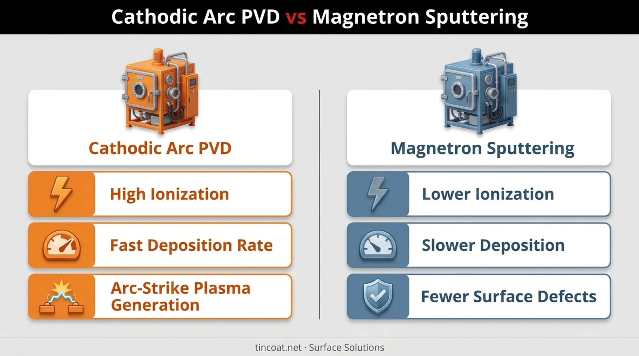Cathodic arc versus sputtering PVD process comparison chart