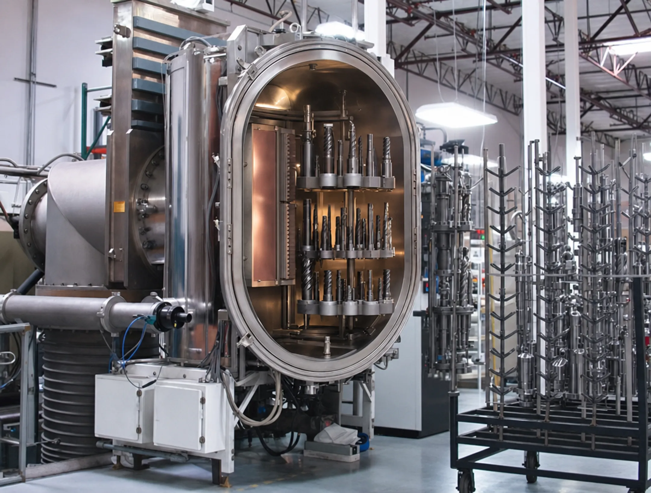 Industrial PVD coating chamber with metal tooling components loaded for deposition