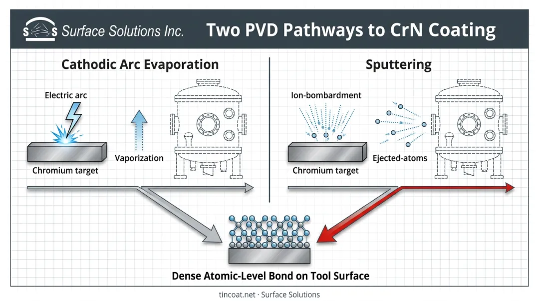 Cathodic arc evaporation versus sputtering PVD deposition process comparison