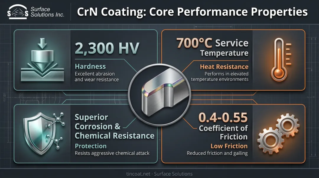 CrN coating key properties hardness temperature corrosion and friction infographic