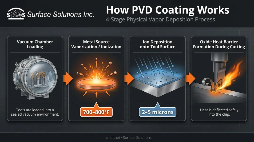 PVD vacuum deposition process showing AlTiN coating formation on carbide tools