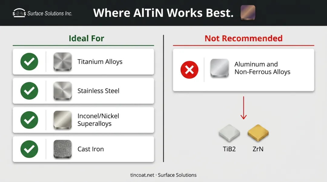 AlTiN coating material compatibility chart comparing suited versus unsuited alloys