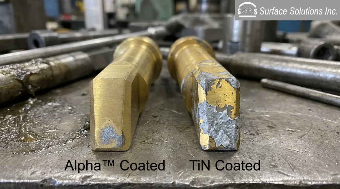 Alpha coated punch versus TiN coated punch galvanized steel buildup test