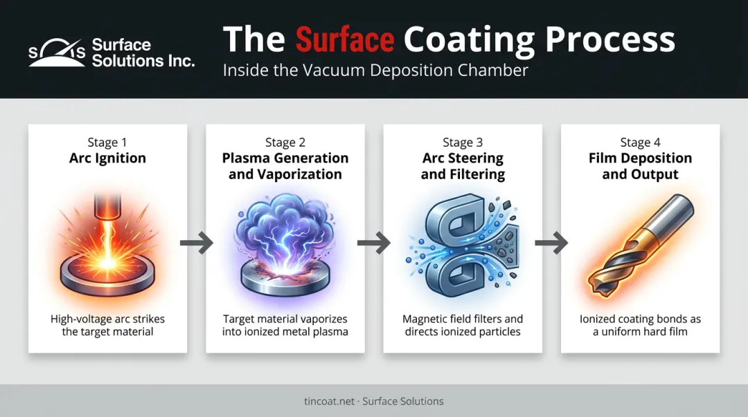 Four stages of cathodic arc PVD deposition from ignition to film condensation