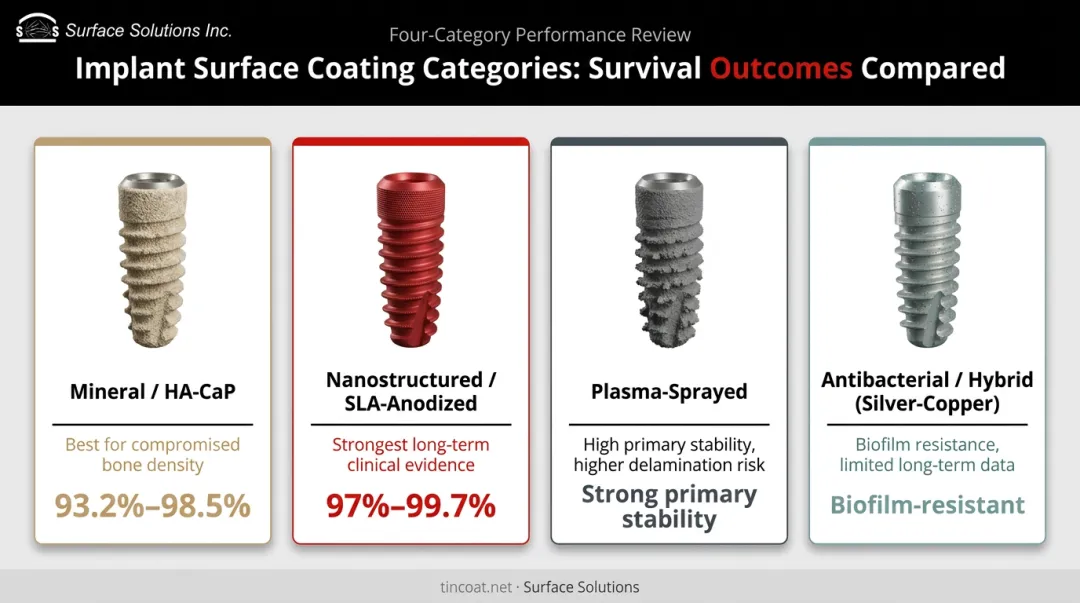 Comparison of four dental implant surface coating categories and survival rates
