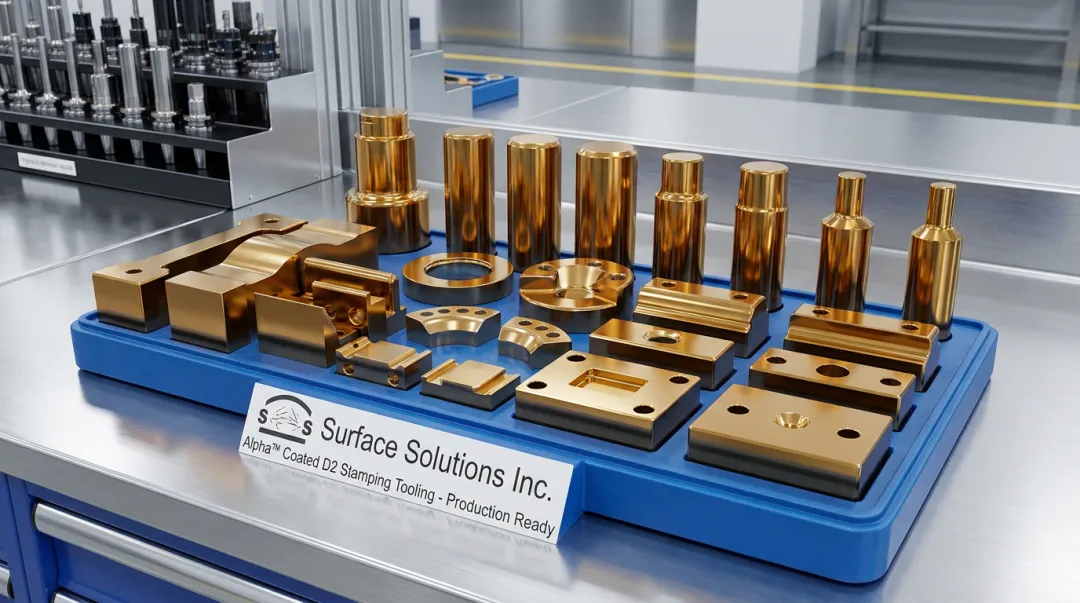 Coated punch tools lined up showing Alpha coating applied for extended tool life
