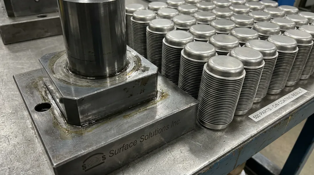 CrN PVD coated stainless steel forming tool producing 500 parts versus uncoated baseline
