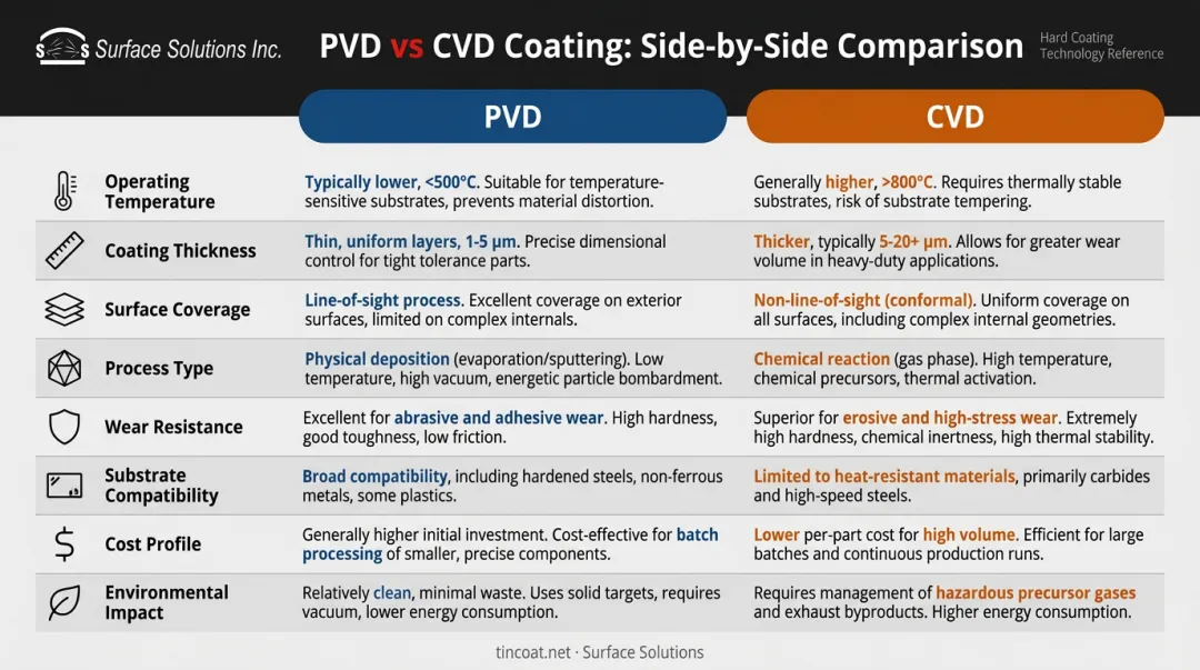 PVD versus CVD coating 8-factor side-by-side comparison infographic