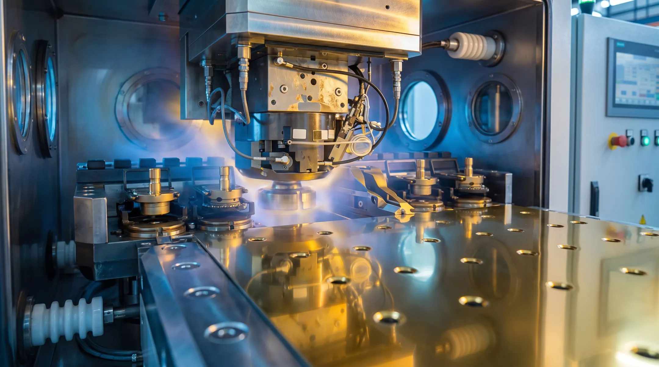 Industrial PVD coating machine applying AlTiN finish to metal tooling