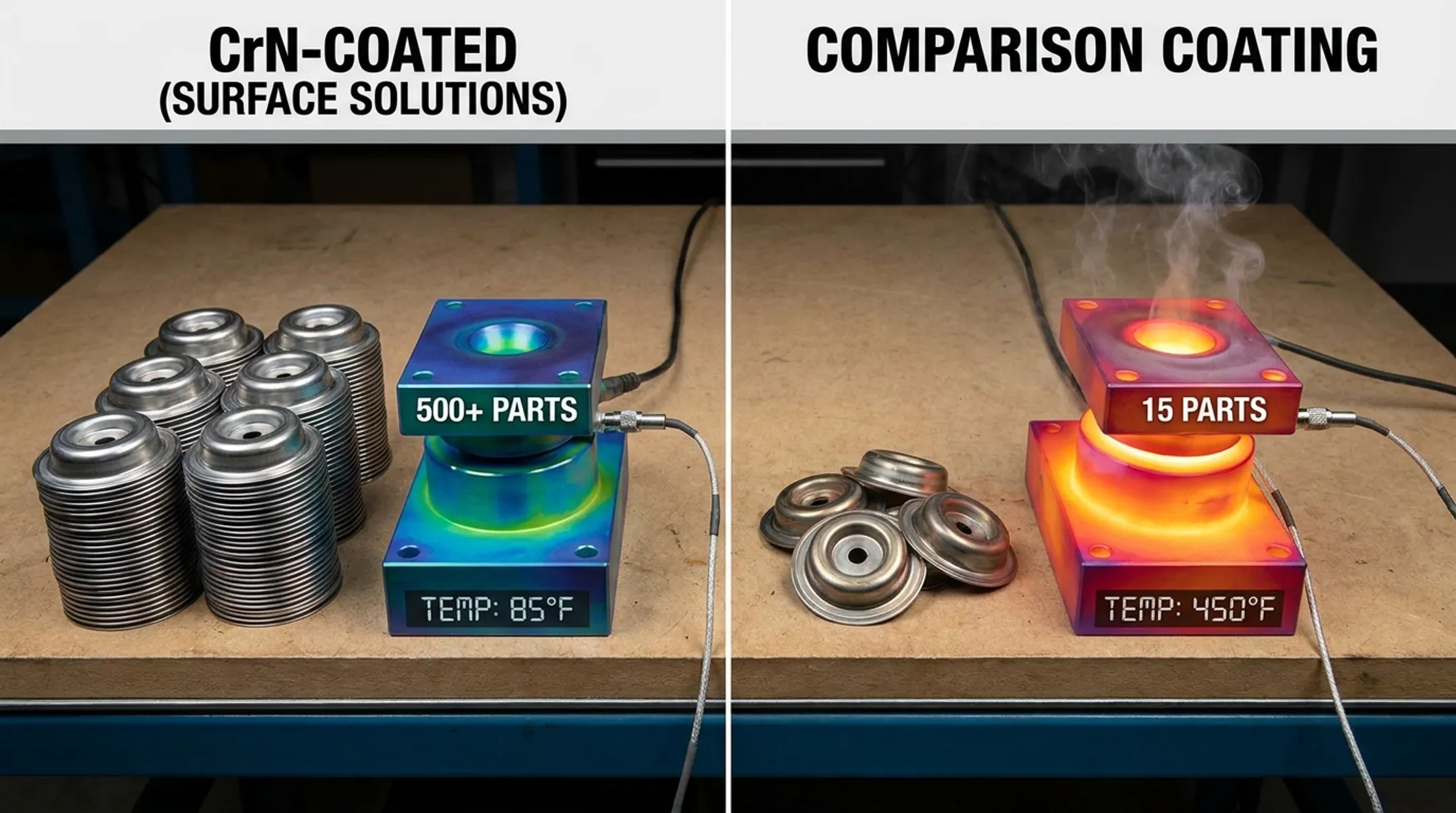Surface Solutions CrN coated parts compared to Alpha coating during stainless steel drawing