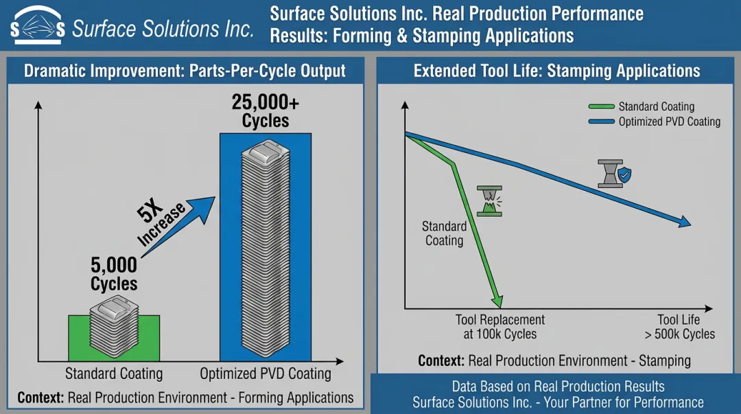 Coated carbide forming tool performance data showing parts per cycle improvement with CrN coating