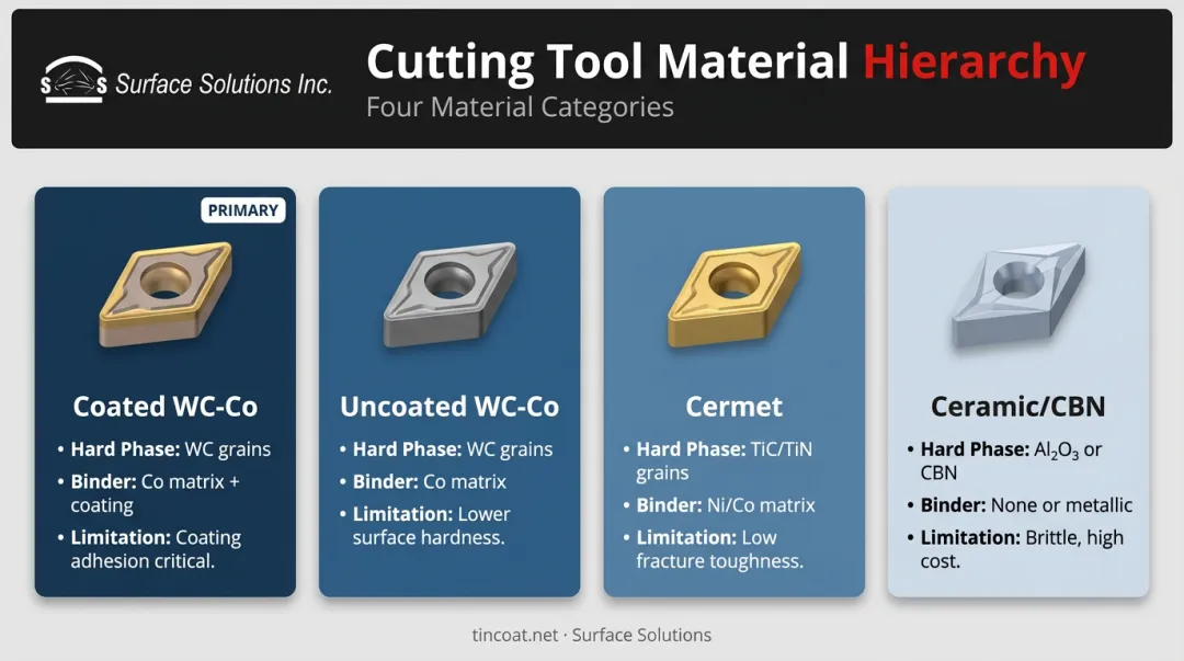 Cutting tool material hierarchy comparing coated carbide cermet ceramic and CBN