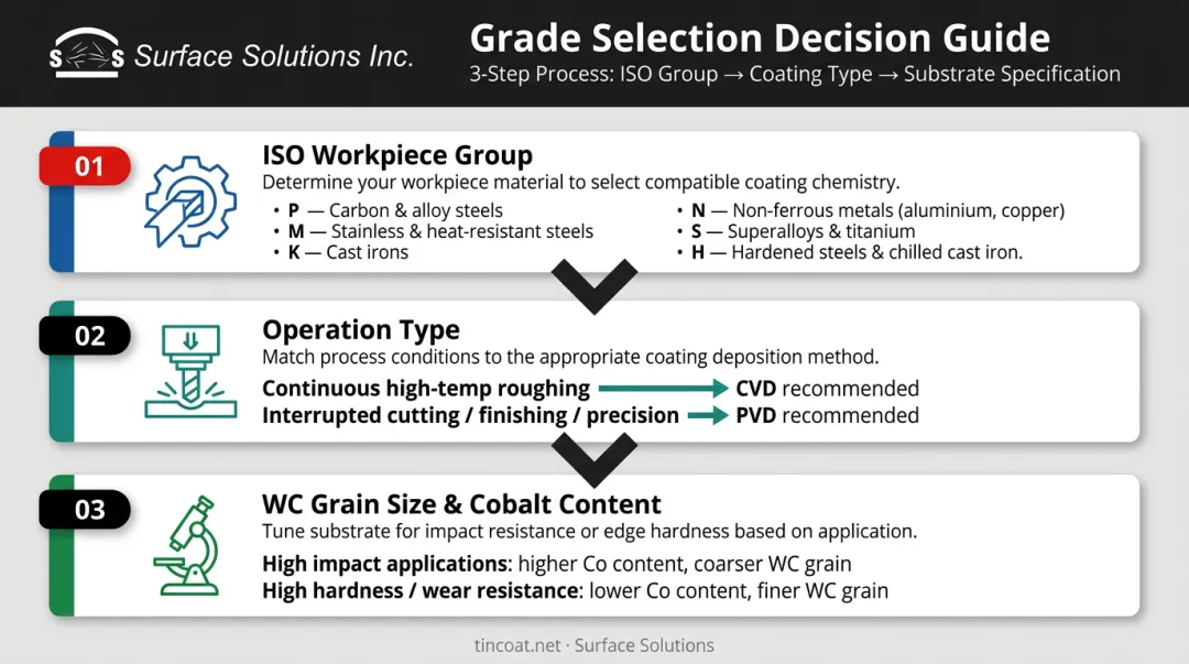 Three-step coated carbide grade selection decision sequence from ISO workpiece to substrate