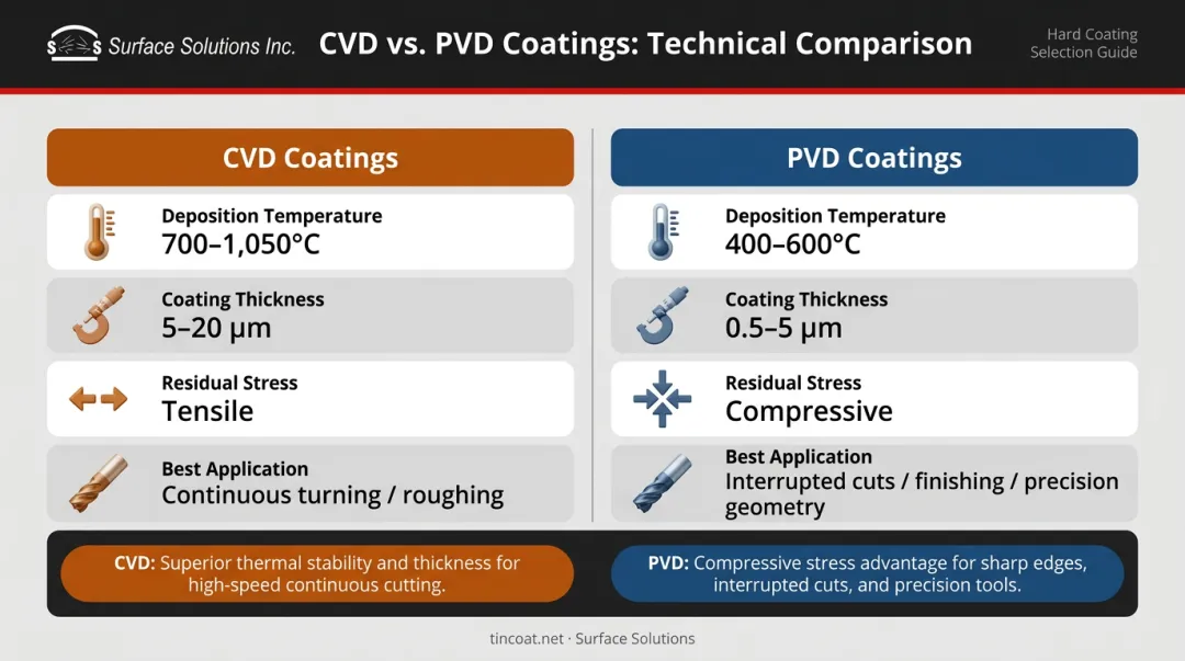 CVD versus PVD coating comparison showing temperature thickness stress and application differences