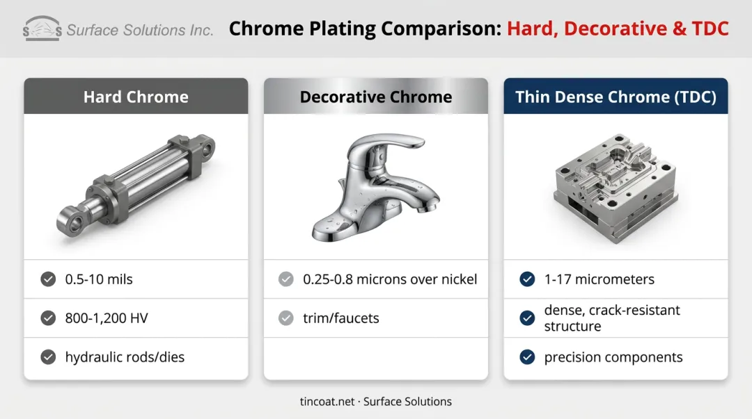Comparison of hard chrome decorative chrome and thin dense chrome types