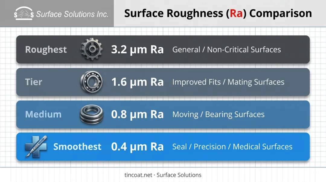 Four Ra surface finish tiers comparison chart from general to precision surfaces