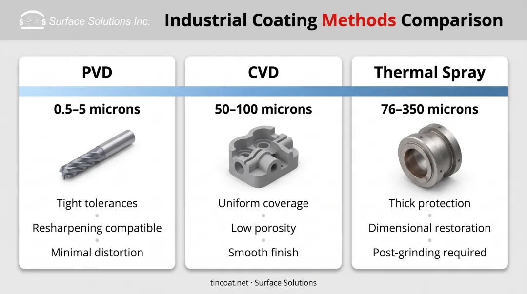 PVD CVD and thermal spray coating thickness comparison showing ranges and application characteristics