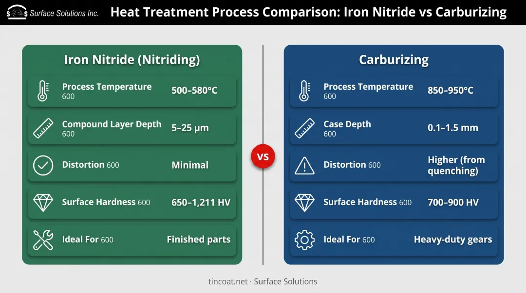 Iron nitride versus carburizing surface treatment side-by-side comparison chart