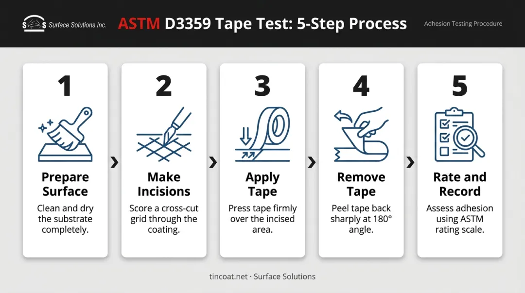 5-step ASTM D3359 tape test procedure process flow diagram