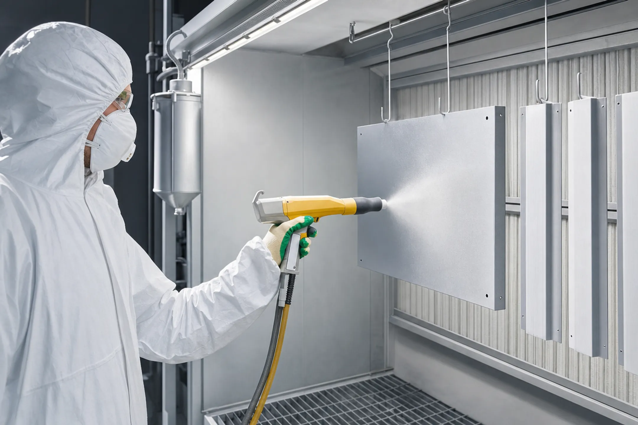 Powder coating booth applying protective finish to aluminum panels
