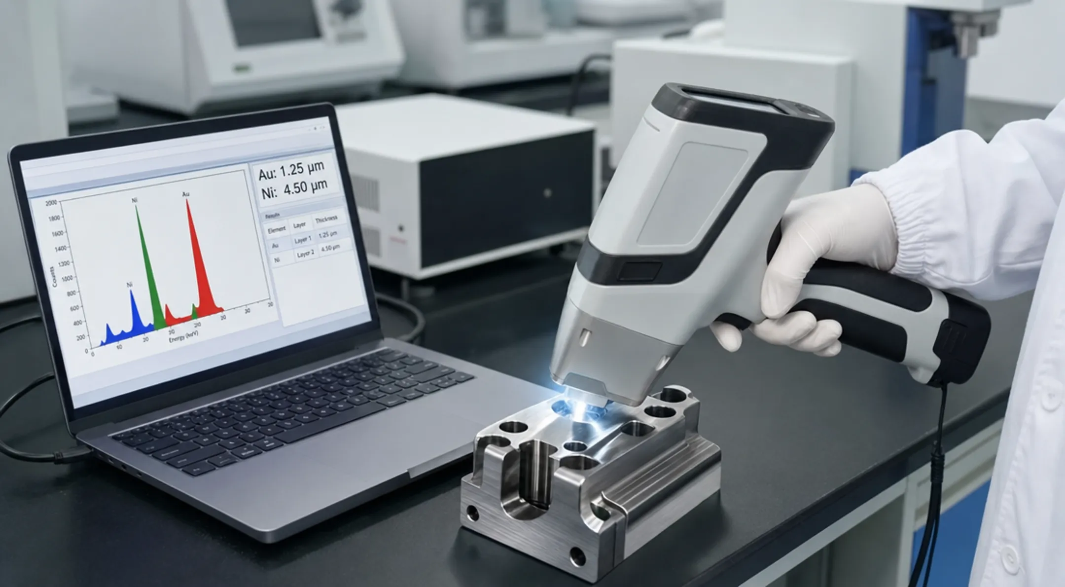Technician measuring coating thickness using XRF equipment in lab setting