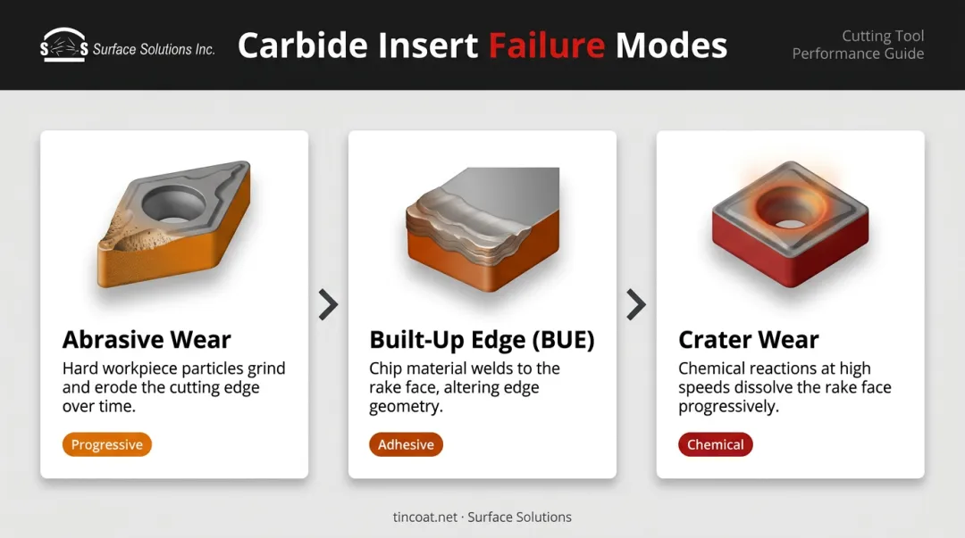 Three carbide insert failure modes abrasive wear BUE and crater wear explained