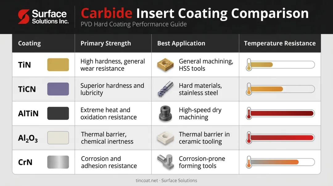 Five carbide insert coating types comparison chart with strengths applications and temperature resistance