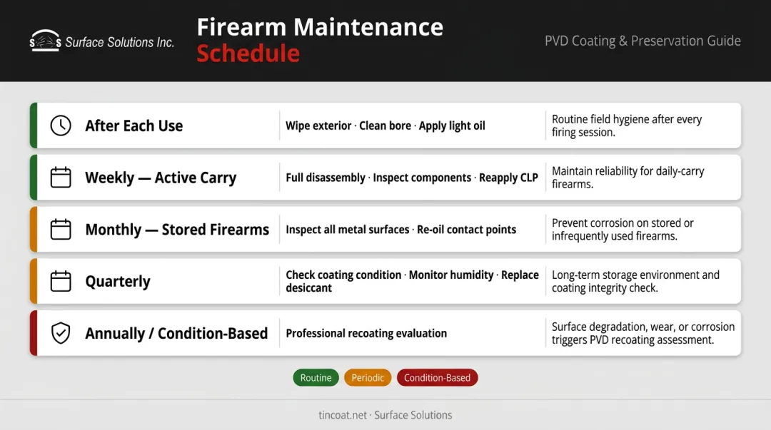 Gun corrosion prevention maintenance schedule by interval from daily to annual