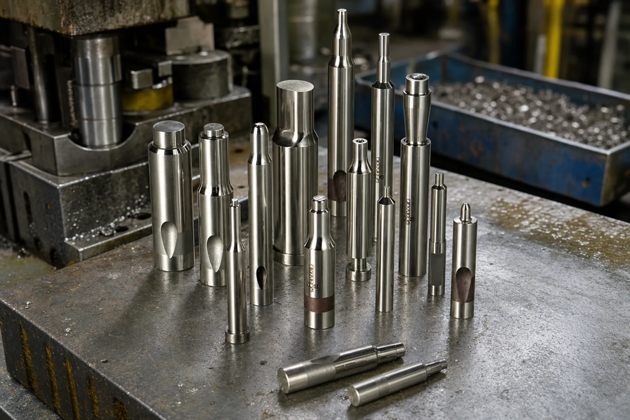 Industrial metal stamping punches and dies used in production tooling