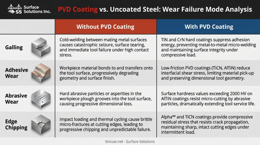 PVD coating versus uncoated stainless steel wear failure modes side-by-side comparison