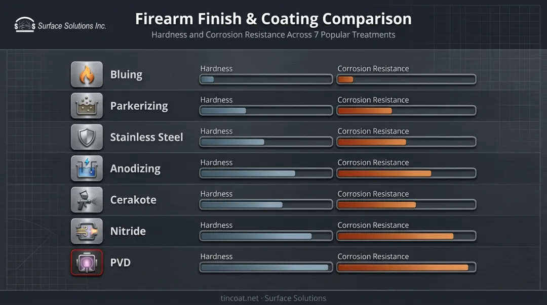 Seven firearm coating types compared by hardness and corrosion resistance