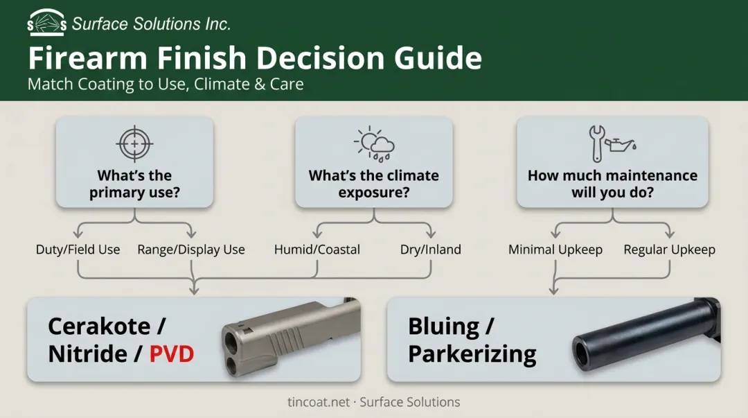 Decision flowchart for choosing the right firearm finish by use and climate
