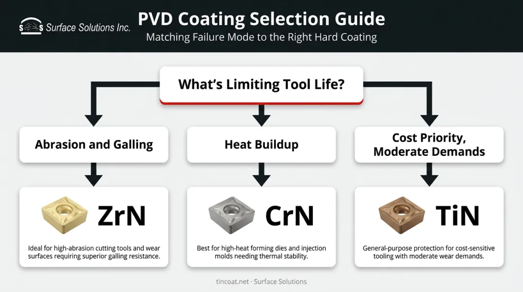 Decision guide comparing ZrN CrN and TiN coating selection by application